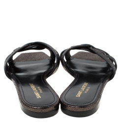 Pre Owned Saint Laurent Paris Metallic Grey Textured Leather Tribute Flat Slides Size 37.5