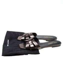 Pre Owned Saint Laurent Paris Metallic Grey Textured Leather Tribute Flat Slides Size 37.5