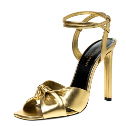 Pre Owned صندل سان لوران باريس ايمي سير كاحل جلد ذهبي مقاس 38