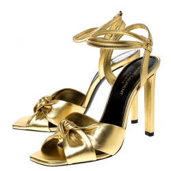 Pre Owned صندل سان لوران باريس ايمي سير كاحل جلد ذهبي مقاس 38