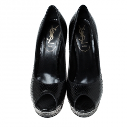 مملوكة مسبقًا Saint Laurent Paris Black Python Leather Palais Peep Toe Platform Pumps Size 37