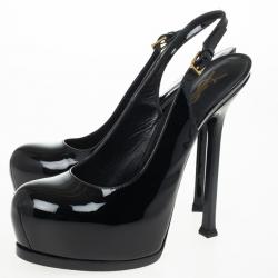 Pre Owned Yves Saint Laurent Black Patent Tribtoo Slingback Platform Sandals Size 37