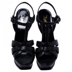 Pre Owned صندل سان لوران باريس سير كاحل تريبوت جلد حُبيبي أسود نعل سميك مقاس 38.5