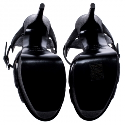 Pre Owned صندل سان لوران باريس سير كاحل تريبوت جلد حُبيبي أسود نعل سميك مقاس 38.5