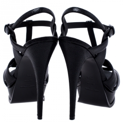 Pre Owned صندل سان لوران باريس سير كاحل تريبوت جلد حُبيبي أسود نعل سميك مقاس 38.5