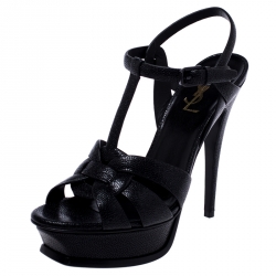 Pre Owned صندل سان لوران باريس سير كاحل تريبوت جلد حُبيبي أسود نعل سميك مقاس 38.5