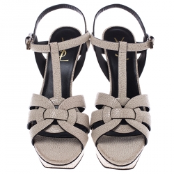 مملوكة مسبقًا Saint Laurent Paris Cream Textured Leather Tribute Platform Ankle Strap Sandals Size 40