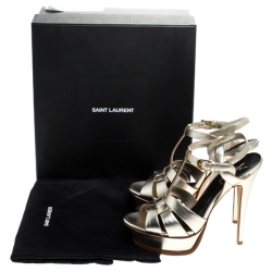 Pre Owned Saint Laurent Paris Metallic Gold Leather Tribute Platform Ankle Strap Sandals Size 37