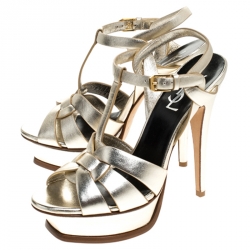 Pre Owned Saint Laurent Paris Metallic Gold Leather Tribute Platform Ankle Strap Sandals Size 37