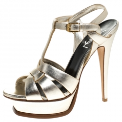 Pre Owned Saint Laurent Paris Metallic Gold Leather Tribute Platform Ankle Strap Sandals Size 37