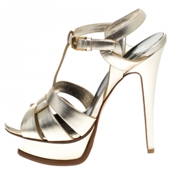 Pre Owned Saint Laurent Paris Metallic Gold Leather Tribute Platform Ankle Strap Sandals Size 37