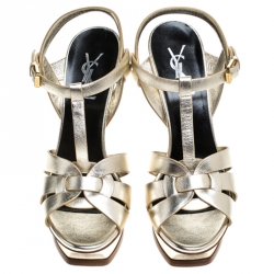 Pre Owned Saint Laurent Paris Metallic Gold Leather Tribute Platform Ankle Strap Sandals Size 37