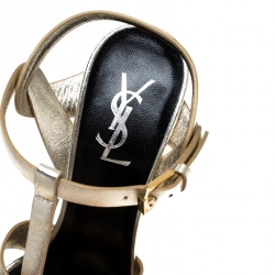 Pre Owned Saint Laurent Paris Metallic Gold Leather Tribute Platform Ankle Strap Sandals Size 37