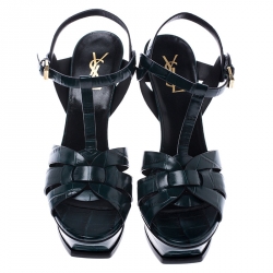 Pre Owned Saint Laurent Paris Green Croc Embossed Leather Tribute Platform Ankle Strap Sandals Size 40.5