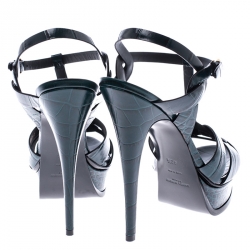 Pre Owned Saint Laurent Paris Green Croc Embossed Leather Tribute Platform Ankle Strap Sandals Size 40.5