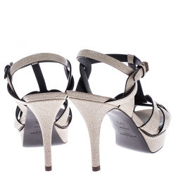 Pre Owned Saint Laurent Paris Cream Textured Leather Tribute Platform Sandals Size 36.5