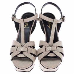 Pre Owned Saint Laurent Paris Cream Textured Leather Tribute Platform Sandals Size 36.5