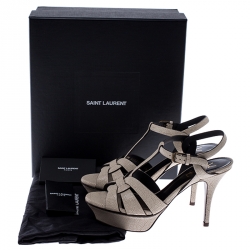 Pre Owned Saint Laurent Paris Cream Textured Leather Tribute Platform Sandals Size 36.5