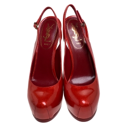 Pre Owned Saint Laurent Red Patent Leather Tribtoo Slingback Platform Pumps Size 39