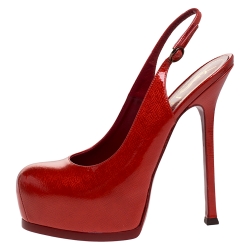Pre Owned Saint Laurent Red Patent Leather Tribtoo Slingback Platform Pumps Size 39