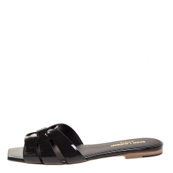 مملوكة مسبقًا Saint Laurent Paris Dark Grey Patent Leather Tribute Flat Slides Size 37