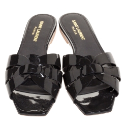 مملوكة مسبقًا Saint Laurent Paris Dark Grey Patent Leather Tribute Flat Slides Size 37