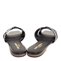 مملوكة مسبقًا Saint Laurent Paris Dark Grey Patent Leather Tribute Flat Slides Size 37