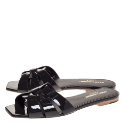مملوكة مسبقًا Saint Laurent Paris Dark Grey Patent Leather Tribute Flat Slides Size 37
