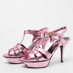 Pre Owned Saint Laurent Metallic Pink Leather Tribute Sandals Size 35.5