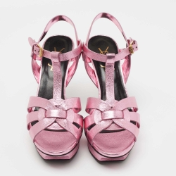 Pre Owned Saint Laurent Metallic Pink Leather Tribute Sandals Size 35.5