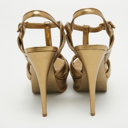 Pre Owned Saint Laurent Metallic Gold Leather Tribute Sandals Size 38