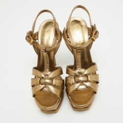 Pre Owned Saint Laurent Metallic Gold Leather Tribute Sandals Size 38