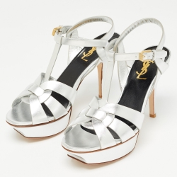 Pre Owned Saint Laurent Silver Leather Tribute Ankle Sandals Size 37