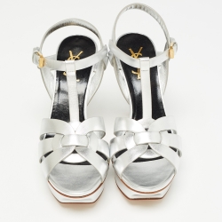 Pre Owned Saint Laurent Silver Leather Tribute Ankle Sandals Size 37