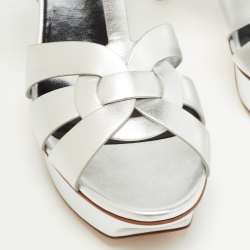 Pre Owned Saint Laurent Silver Leather Tribute Ankle Sandals Size 37