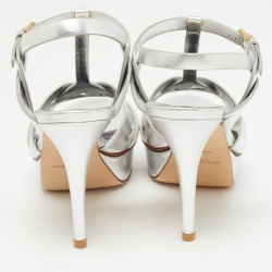 Pre Owned Saint Laurent Silver Leather Tribute Ankle Sandals Size 37