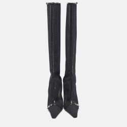 مملوكة مسبقًا Saint Laurent Black Mesh and Leather Knee Length Boots Size 39
