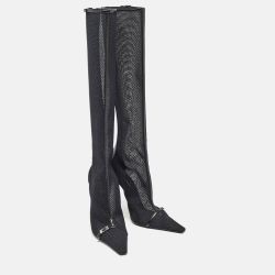 مملوكة مسبقًا Saint Laurent Black Mesh and Leather Knee Length Boots Size 39