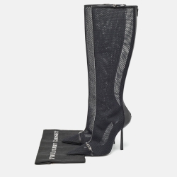 مملوكة مسبقًا Saint Laurent Black Mesh and Leather Knee Length Boots Size 39