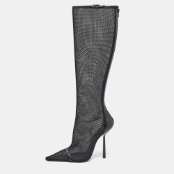 مملوكة مسبقًا Saint Laurent Black Mesh and Leather Knee Length Boots Size 39
