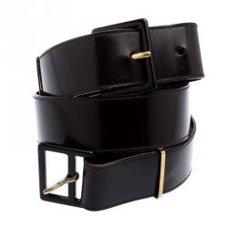 مملوكة مسبقًا حزام سان لوران باريس جلد بني لامع داكن بإبزيم مزدوج 90 سم