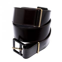 مملوكة مسبقًا حزام سان لوران باريس جلد بني لامع داكن بإبزيم مزدوج 90 سم