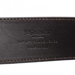 مملوكة مسبقًا حزام سان لوران باريس جلد بني لامع داكن بإبزيم مزدوج 90 سم