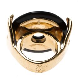 Pre Owned خاتم سان لوران باريس لون ذهبي قرص راتنج أسود مقاس 52