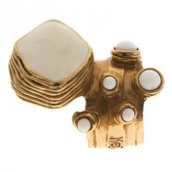 Pre Owned Saint Laurent Paris Arty Oval and Dots Enamel Gold Tone Ring Size 52