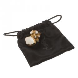 Pre Owned Saint Laurent Paris Arty Oval and Dots Enamel Gold Tone Ring Size 52