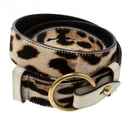 مملوكة مسبقًا حزام سان لوران جلد وشعر عجل طباعة فهد بيج فاتح 80 سم