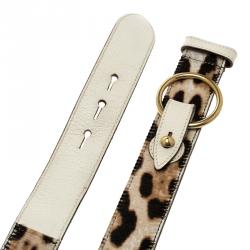 Saint Laurent Off White Leopard Print Calf Hair and Leather Belt 80cm