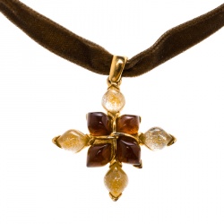 Pre Owned Saint Laurent Paris YSL Glass Cabochon Gold Tone Pendant