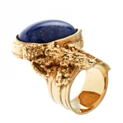 Pre Owned Saint Laurent Arty Blue Lapis Glass Cabochon Gold Tone Ring Size 55
